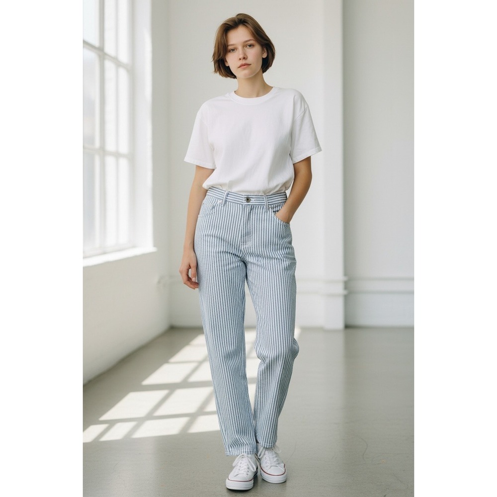 Massimo Dutti Slim Crop Pants Size 6 Blue White Pinstripe Striped Trousers